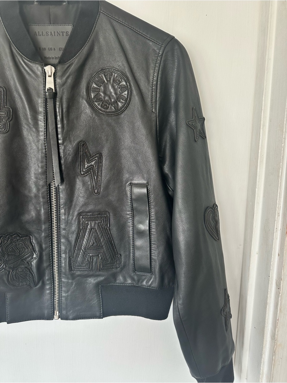 NWOT AllSaints Special Edition Orton ‘94 Sheep Leather Bomber Jacket w/Patches 6 - Picture 6 of 9